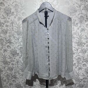 Ann Taylor Light Gray Blouse with Subtle Gold Dots